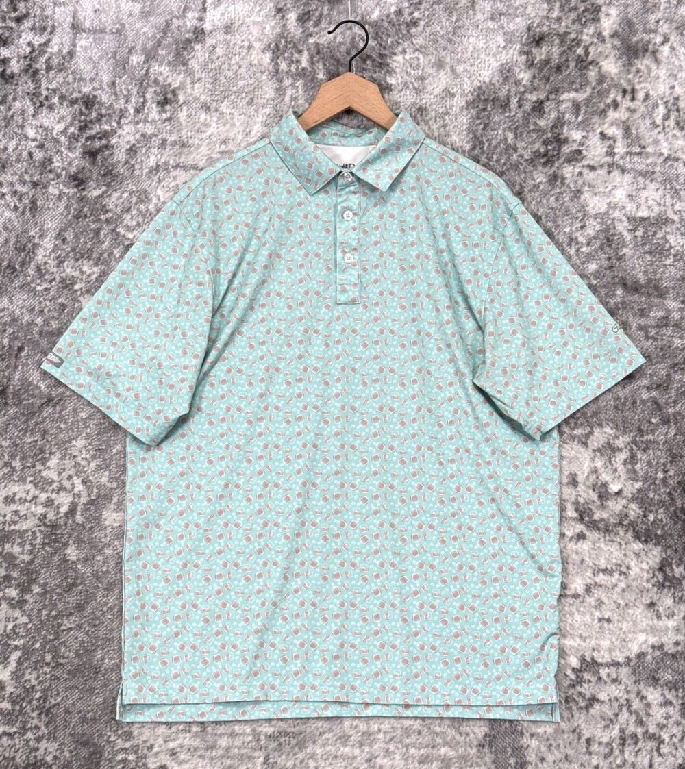 Straight Down Polo Shirt Large Mens Baby Blue Whiskey Glass Print Short Sleeve